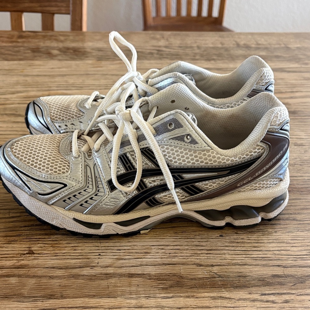 ASICS Gel-Kayano 14 tennis shoes.